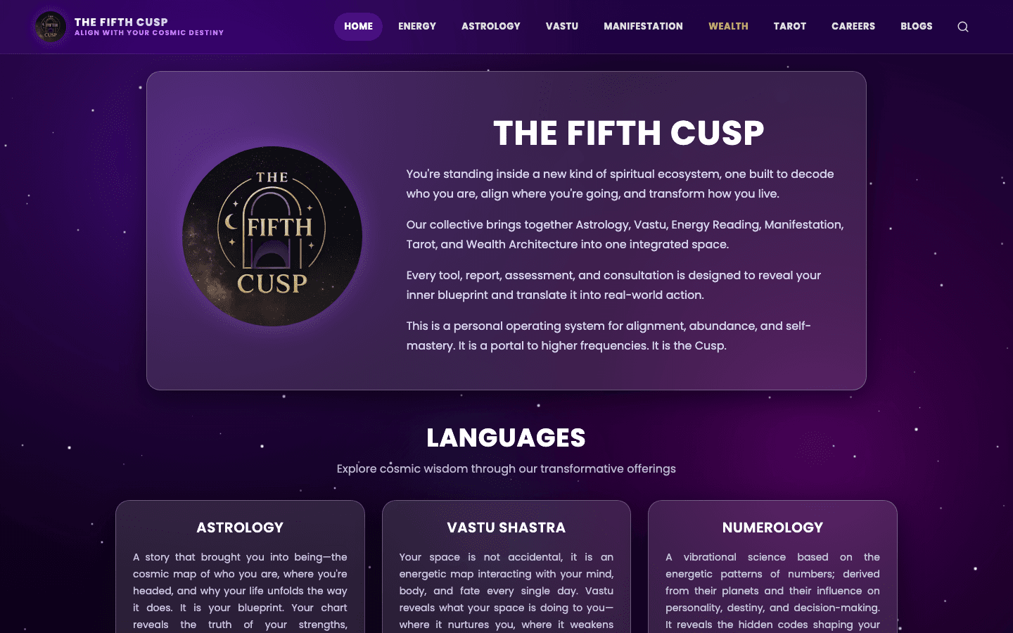 TheFifthCusp home — cosmic purple hero with 'The Fifth Cusp' brand card, tagline 'align with your cosmic destiny', and the eight service verticals across the top nav