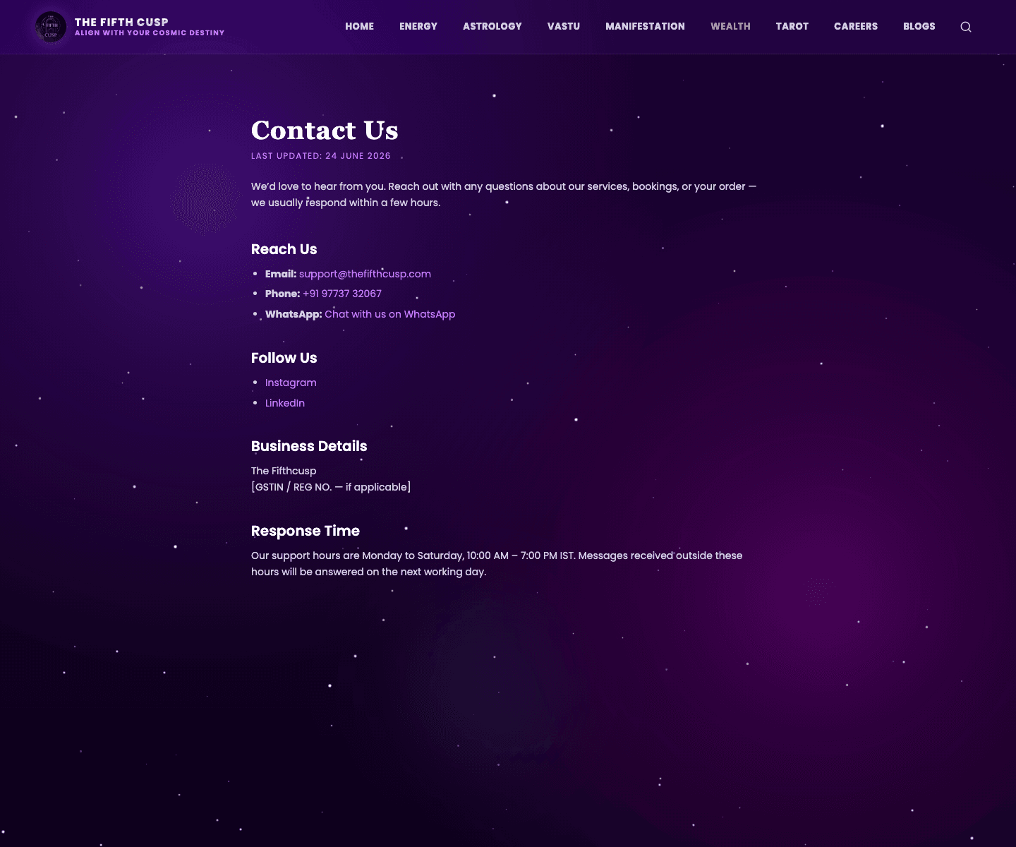 Contact page — support email, phone, WhatsApp deep-link, social links, business details and response-time policy