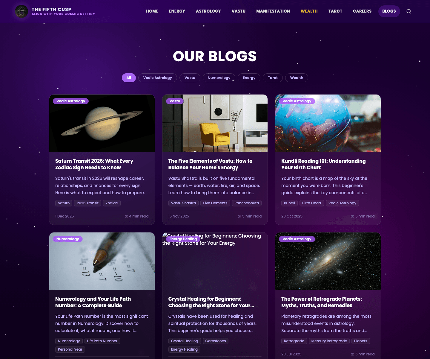 Blogs index — six long-form posts across Vedic Astrology, Vastu, Numerology and Energy Healing, filterable by category