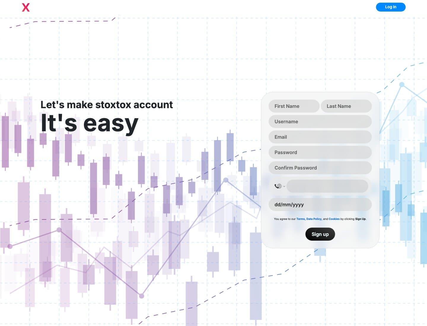 Sign-up screen — multi-field account form (name, username, email, password, phone, DOB) on a candlestick-chart background, before the OTP step