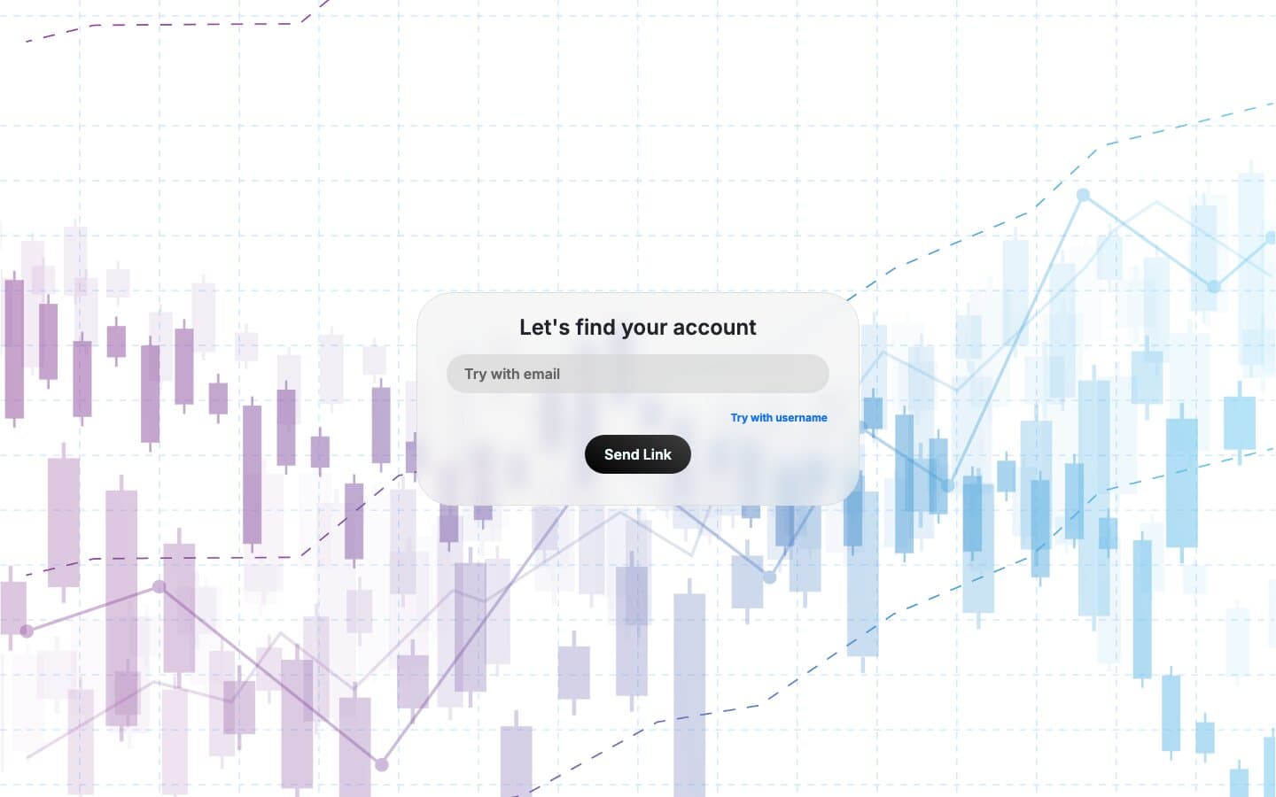 Forgot-password screen — 'Let's find your account' card with email/username fallback and a Send-Link CTA, over the same candlestick-chart backdrop