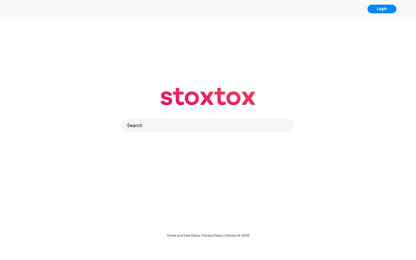 StoxTox landing — minimal 'stoxtox' pink wordmark over a large search bar, Login button top-right, footer with Terms and Privacy