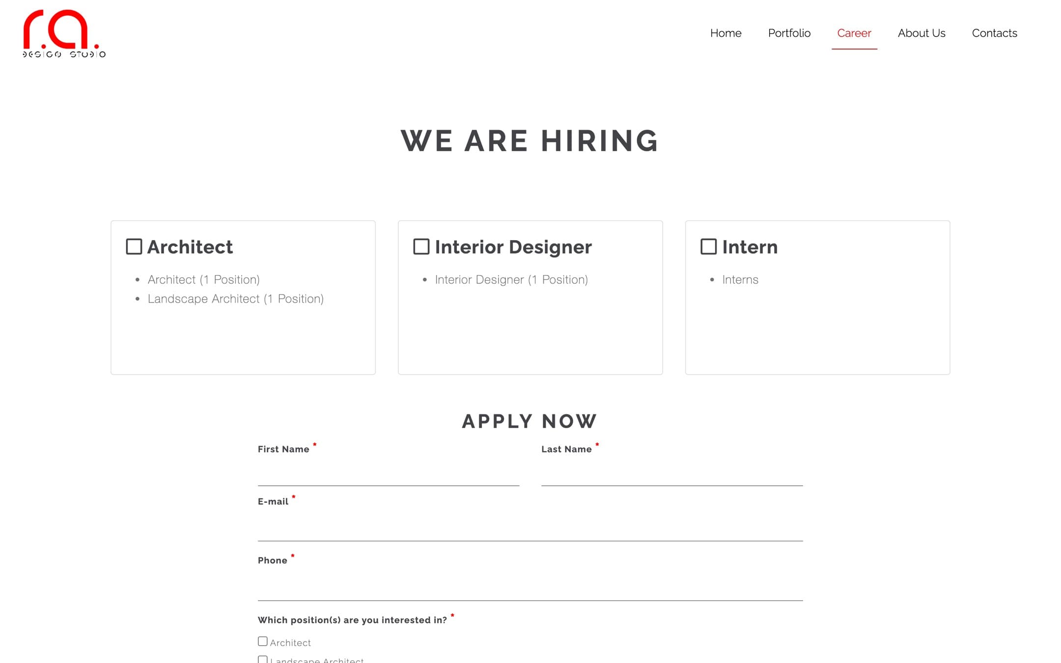 The careers page listing open roles, above the apply form that posts a CV to the studio inbox as an email attachment