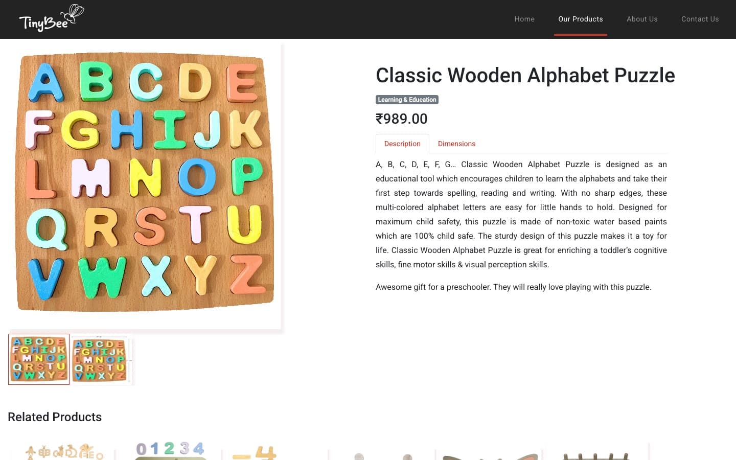 Classic Wooden Alphabet Puzzle detail page — large primary image, thumbnail strip, price, category tag, description and dimensions tabs, and a Related Products row