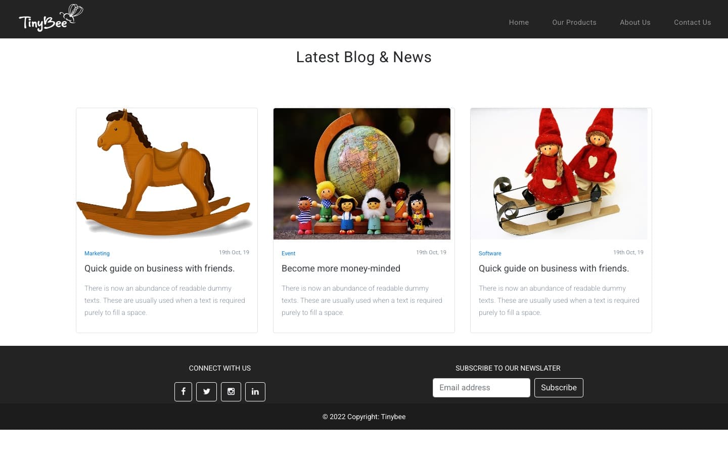 Blog index — three latest-blog cards with wooden-toy imagery, over the footer's social row and newsletter signup